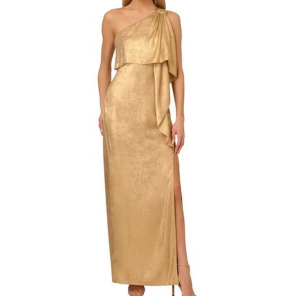 Adrianna Papell Light Gold Metallic Layered One-Shoulder Gown